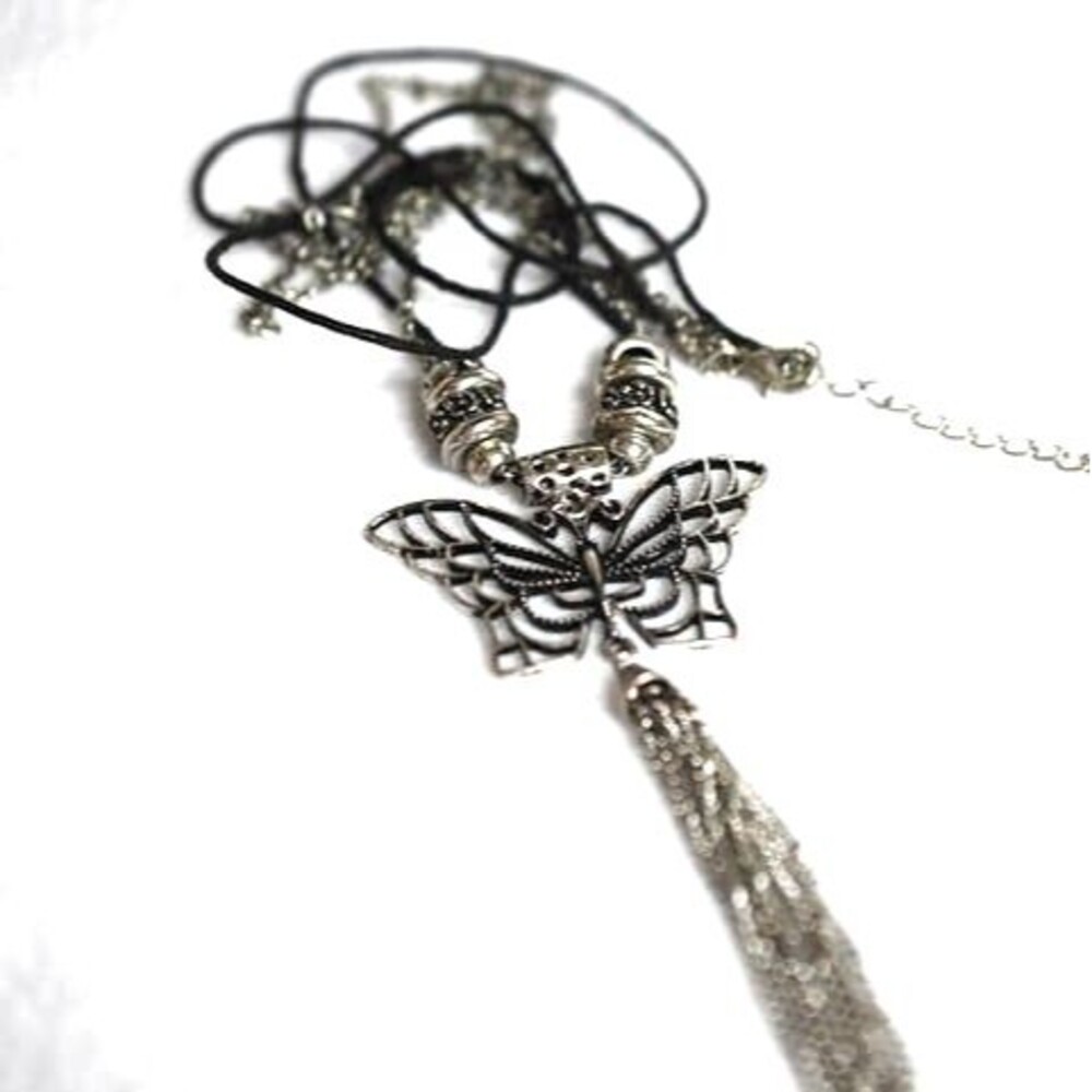 Retro Filigree Butterfly Tassel Silver Tone Charm Cord/Link Chain 16" Necklace